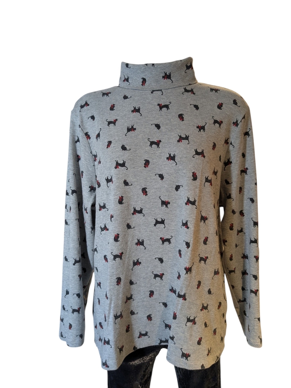 Grey Turtleneck Sweater with Black & Red Dog Print